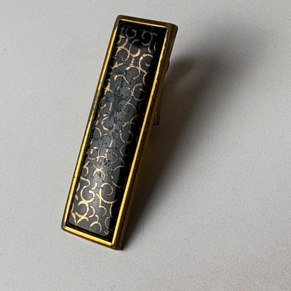 Vintage Evans Gold Black Enamel Scroll Cufflinks and Tie‎ Clip Set Mens Formal